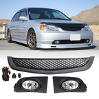 Front Mesh Grille & Fog Lights Lamps for 2001-2003 for Honda Civic Sedan