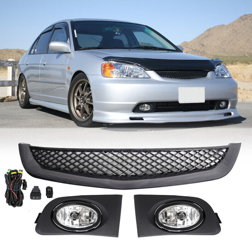 Front Mesh Grille & Fog Lights Lamps for 2001-2003 for Honda Civic Sedan