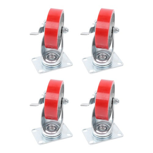 Four 4-inch red polyurethane galvanized casters with side brakes