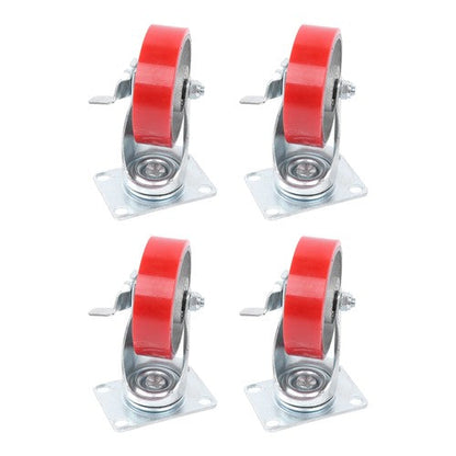 Four 4-inch red polyurethane galvanized casters with side brakes