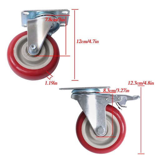 4 pcs 4-inch universal casters red (2 with brakes and 2 without brakes)