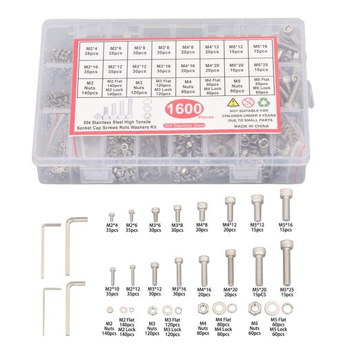 1600 Piece Metric Screw Assortment,M2 M3 M4 M5 Metric Bolt ,304 Stainless Steel