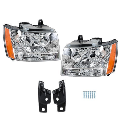 Headlights Chrome New For Chevy Avalanche/Suburban/Tahoe 2007-2014 Halogen Pair