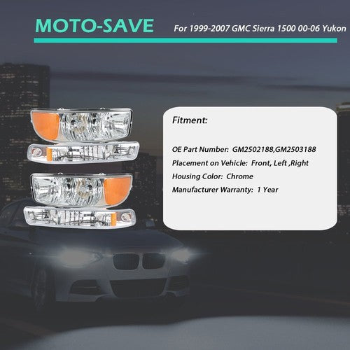 Pair Set For GMC Sierra 1500 1999-2007 Headlight Replacement Halogen Clear Lens