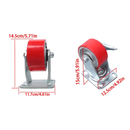4 Heavy Duty Caster Set 4" Polyurethane on Cast Iron Wheels No Mark Red