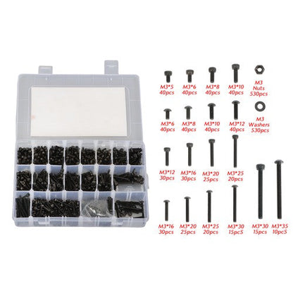 1590 pcs M3 Screw Kit with Hex Button and Socket Head Bolts, Nuts, and Washers