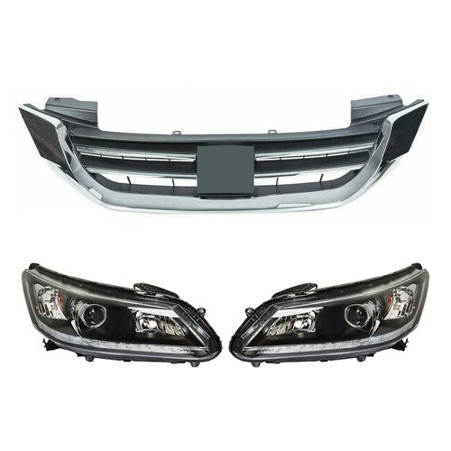 Headlights W/LED DRL Halogen& Bumper Grille For 13-15 Honda Accord Chrome Pair