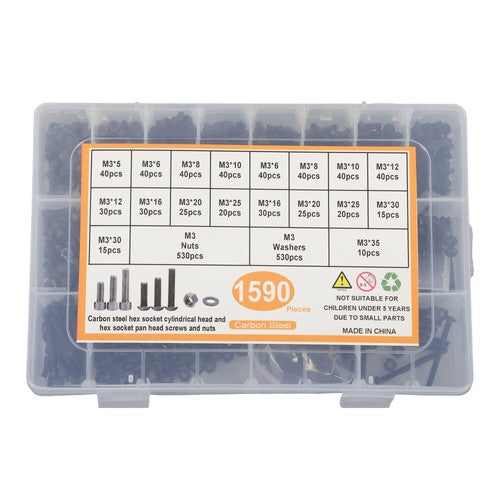 1590-Piece M3 Screw Kit with Hex Button & Socket Head Bolts, Nuts, and Washers