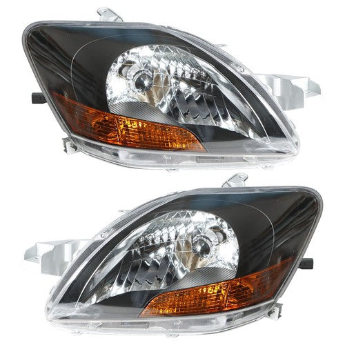 Left & Right Pair Headlights Headlamps Black Housing For Toyota Yaris 2007-2012