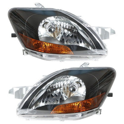 Left & Right Pair Headlights Headlamps Black Housing For Toyota Yaris 2007-2012