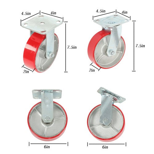4 Pack Swivel Caster Wheels 6" × 2" Polyurethane 4800Lbs (2 Swivel & 2 Rigid)