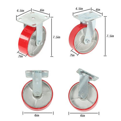 4 Pack Swivel Caster Wheels 6" × 2" Polyurethane 4800Lbs (2 Swivel & 2 Rigid)