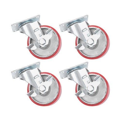 Four 4-inch red polyurethane galvanized casters with side brakes