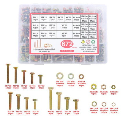 Alloy Steel Bolts and Nuts Flat & Lock Washers Assortment Kit M4 M5 M6 672PCS