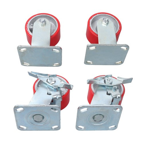 4 Heavy Duty Caster Set 4" Polyurethane on Cast Iron Wheels No Mark Red