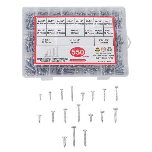 550Pack 304 Stainless steel wood screws kits countersunk #4 #6 #8 #10 #12 W/Box