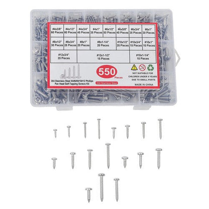 550Pack 304 Stainless steel wood screws kits countersunk #4 #6 #8 #10 #12 W/Box
