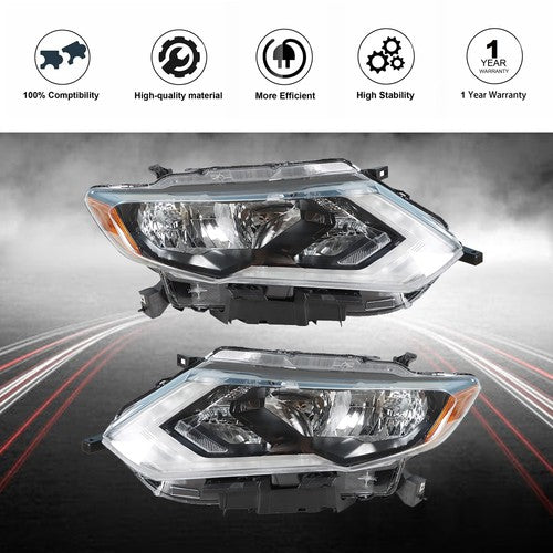 LH+RH For Nissan Rogue 2017-2019 Headlamps Assembly Clear Lens Halogen Chrome