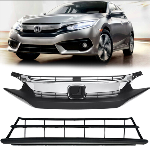 Front Bumper Upper Lower Grille Grill Chrome for 2016-2018 for Honda Civic