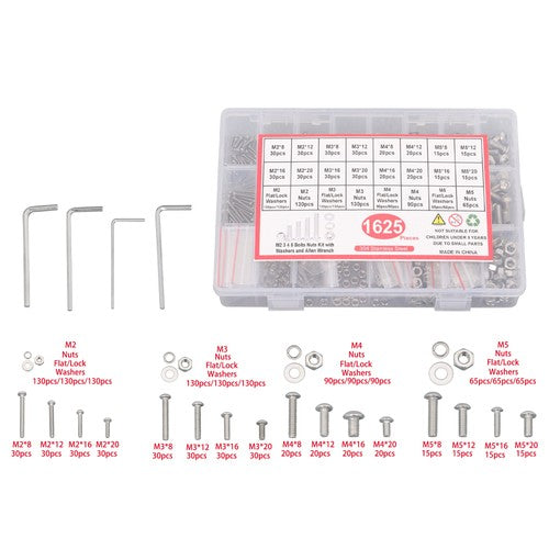 1625× M2 M3 M4 M5 Metric Screw Assortment, 304 Stainless Steel Bolts & Nuts