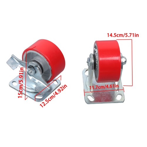 4 Heavy Duty Caster Set 4" Polyurethane on Cast Iron Wheels No Mark Red