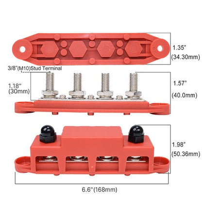 3/8" / 250A 4 Stud Busbar Bus Bar Power Distribution Terminal Block Red&Black
