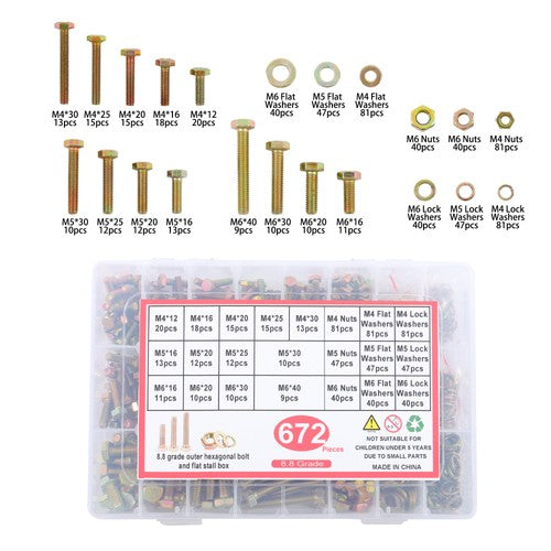 Alloy Steel Bolts and Nuts Flat & Lock Washers Assortment Kit M4 M5 M6 672PCS
