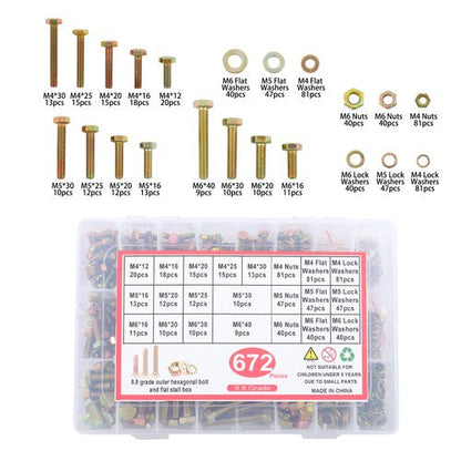 Alloy Steel Bolts and Nuts Flat & Lock Washers Assortment Kit M4 M5 M6 672PCS