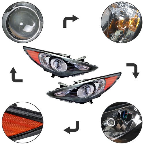 Black Headlights Headlamps Housing Right&Left Side For Hyundai Sonata 2011-2014