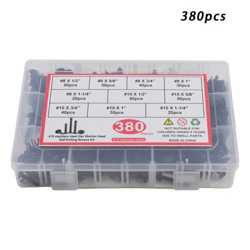380Pcs Self Tapping Phillips Screws Kits #8 #10 Stainless Steel 410 With Box