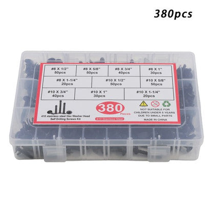 380Pcs Self Tapping Phillips Screws Kits #8 #10 Stainless Steel 410 With Box
