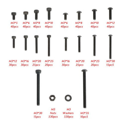 1590 pcs M3 Screw Kit with Hex Button and Socket Head Bolts, Nuts, and Washers