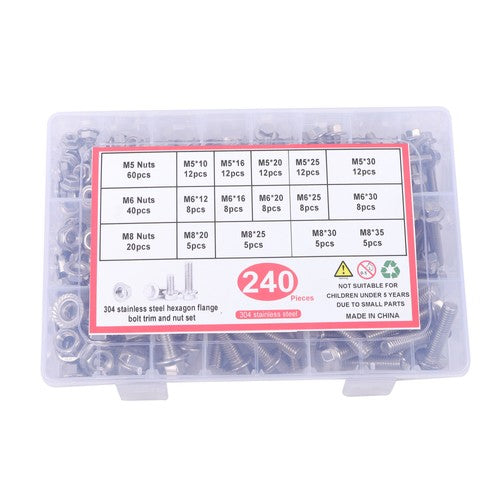 240 Pcs Flanged Stainless Steel Bolts and Nuts Kit M5, M6, M8 Metric Assortment