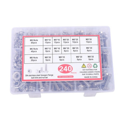 240 Pcs Flanged Stainless Steel Bolts and Nuts Kit M5, M6, M8 Metric Assortment