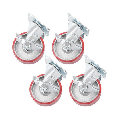 Four 4-inch red polyurethane galvanized casters with side brakes