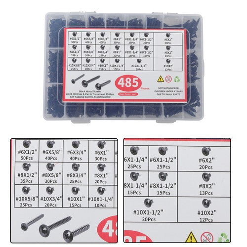 485Pcs Flat,Truss,Phillips Round Head wood screws W/20 Screw Size #6, #8, #10