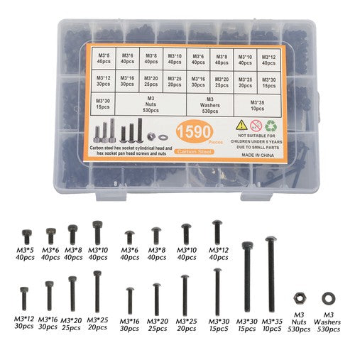 1590 pcs M3 Screw Kit with Hex Button and Socket Head Bolts, Nuts, and Washers