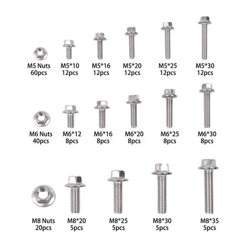 240 Pcs Flanged Stainless Steel Bolts and Nuts Kit M5, M6, M8 Metric Assortment