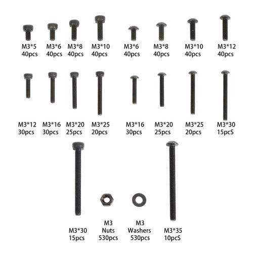 1590 pcs M3 Screw Kit with Hex Button and Socket Head Bolts, Nuts, and Washers