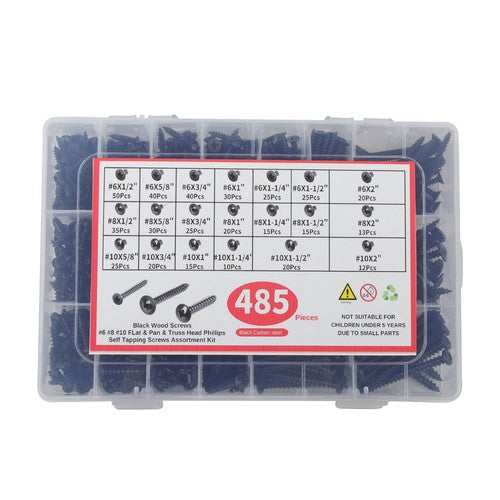 485 Pack Black wood screws kits with 20 different sizes #6, #8, #10 For Wood