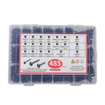 485 Pack Black wood screws kits with 20 different sizes #6, #8, #10 For Wood