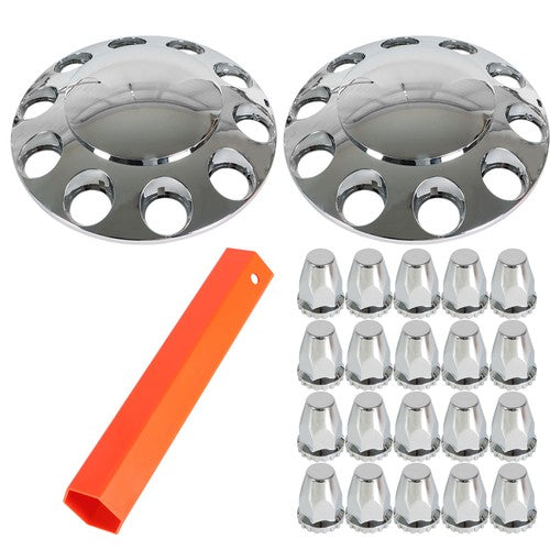 Semi Truck Rear & Front Chrome Wheel Axle Cover Hub Cap 33mm Lug Nuts Thread-On