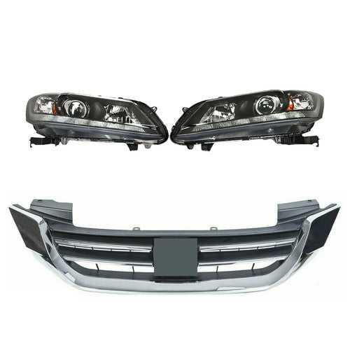 Headlights W/LED DRL Halogen& Bumper Grille For 13-15 Honda Accord Chrome Pair
