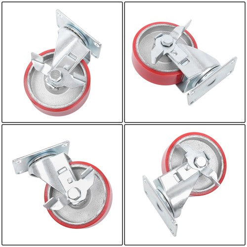 Four 4-inch red polyurethane galvanized casters with side brakes