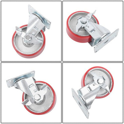 Four 4-inch red polyurethane galvanized casters with side brakes