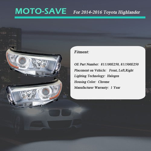 Left+Right Side Clear Front Headlights Headlamps For Toyota Highlander 2014-2016