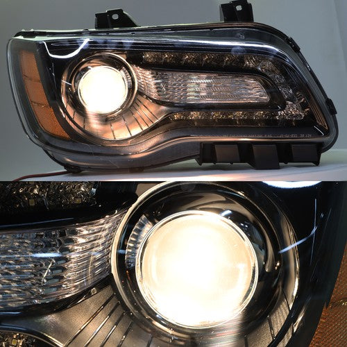 Pair Headlights Headlamps Halogen Black  Clear Lens For Chrysler 300 2011-2014