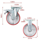 6" X 2" Industrial Casters - 2 Fixed and 2 Swivel Caster Wheels with Brakes