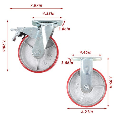 6" X 2" Industrial Casters - 2 Fixed and 2 Swivel Caster Wheels with Brakes