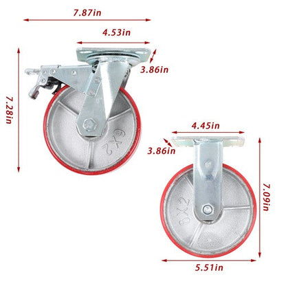 6" X 2" Industrial Casters - 2 Fixed and 2 Swivel Caster Wheels with Brakes
